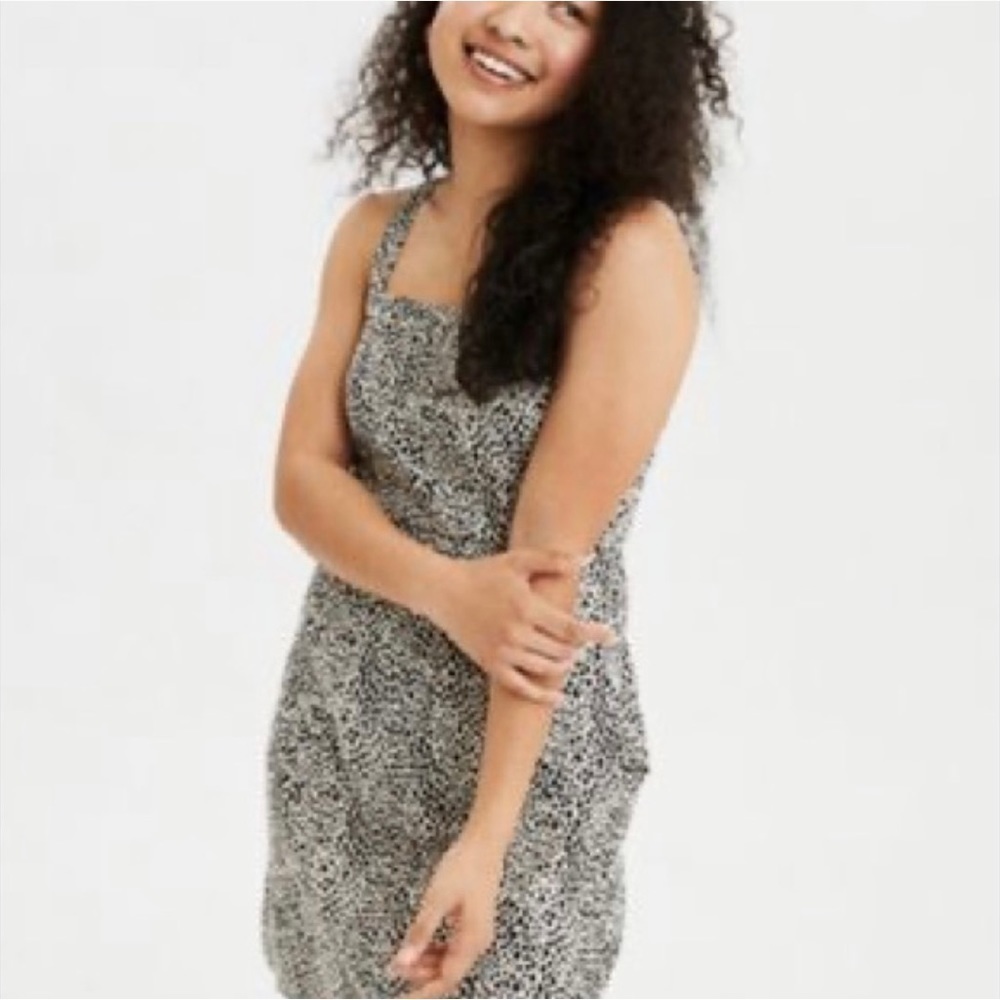 American Eagle linen blend spotted jumper dress size XS black/white